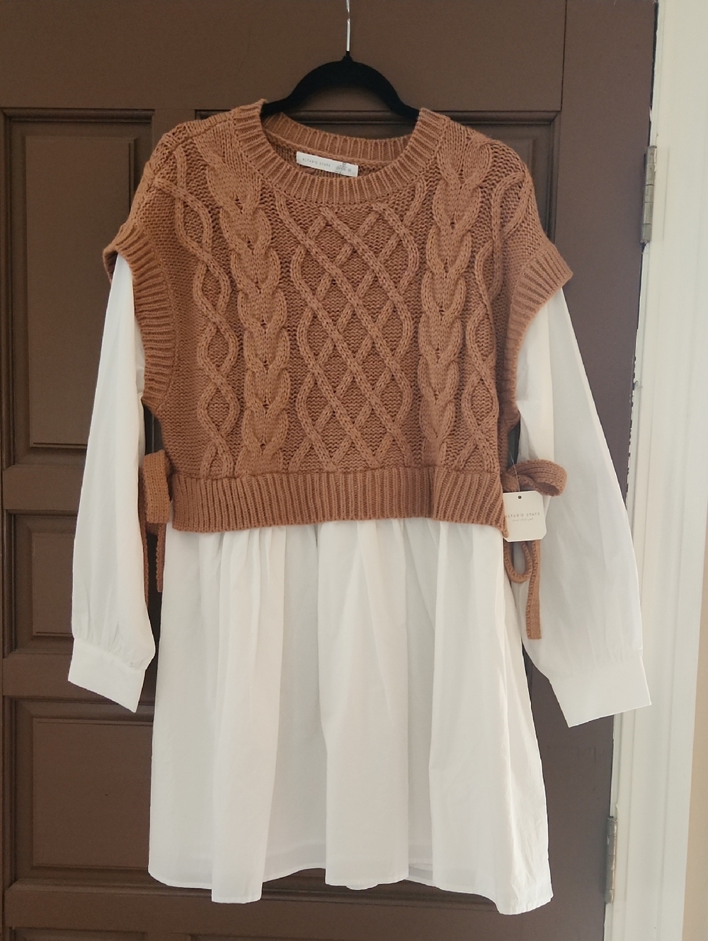 Altar'd State Tan Cable Knit Vest with White Shirt